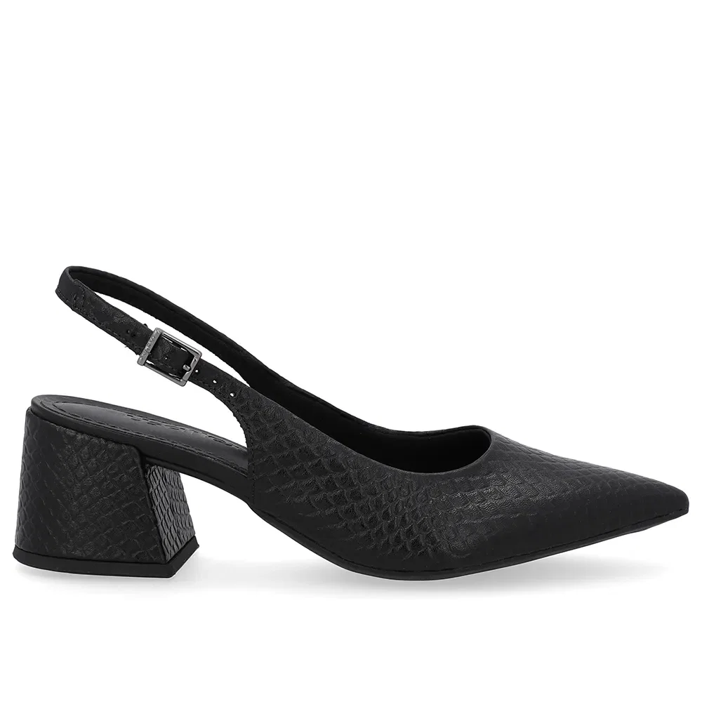 Slingback Preto Textura Bico Fino Couro Detalhe Fivela — imagem 1