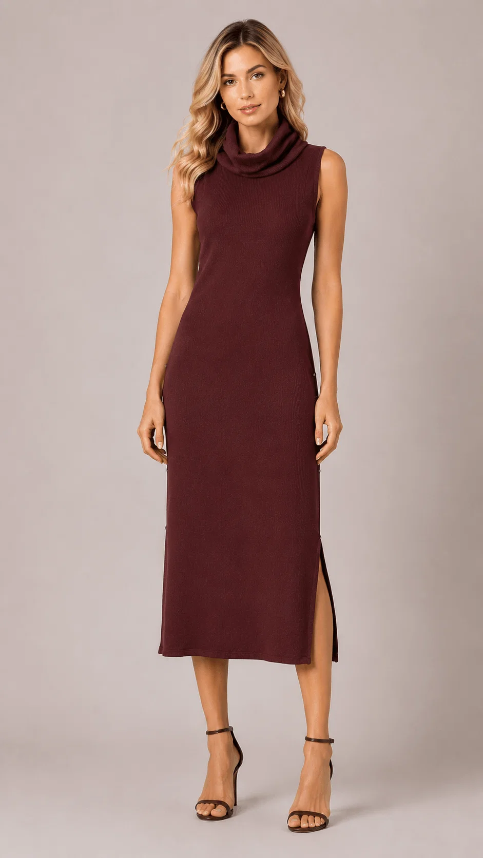 Vestido Longo Sem Manga Gola Alta - Marrom
