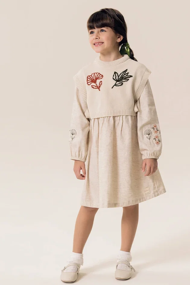 Conjunto Infantil Vestido Viscolinho Com Colete em Tricô