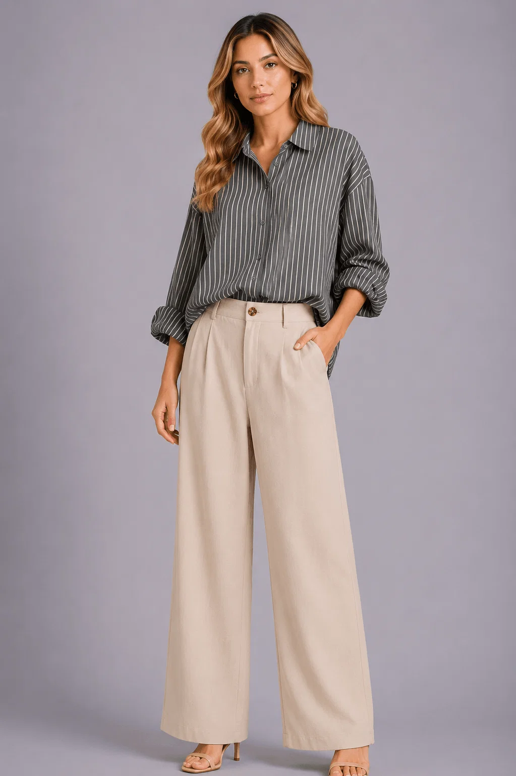 Camisa Alongada Botões Listra - Cinza