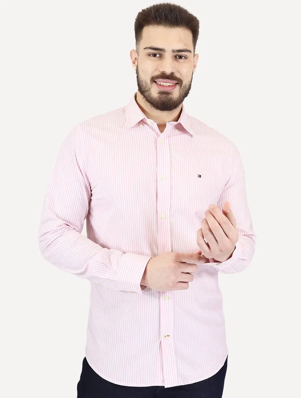 Camisa Tommy Hilfiger Masculina Regular Striped Poplin Rosa Médio — imagem 1