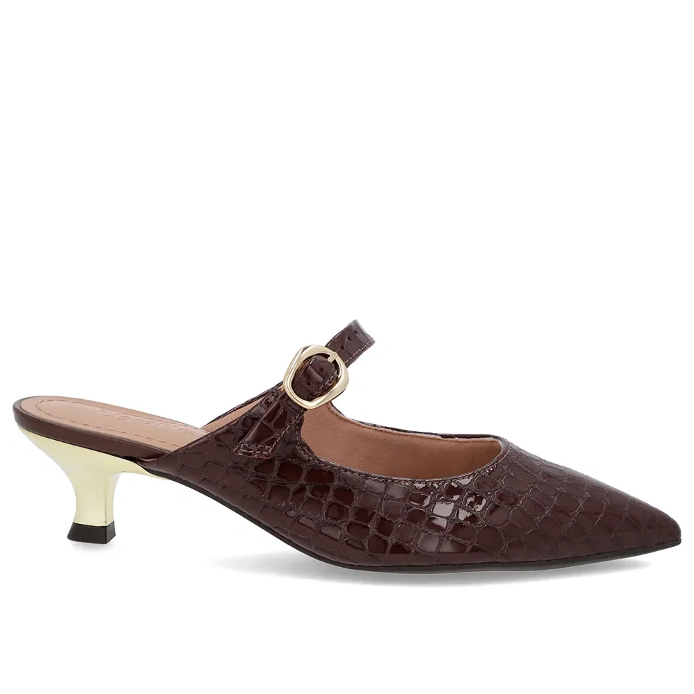 Mule Marrom Verniz Croco Salto Kitten Tira — imagem 1
