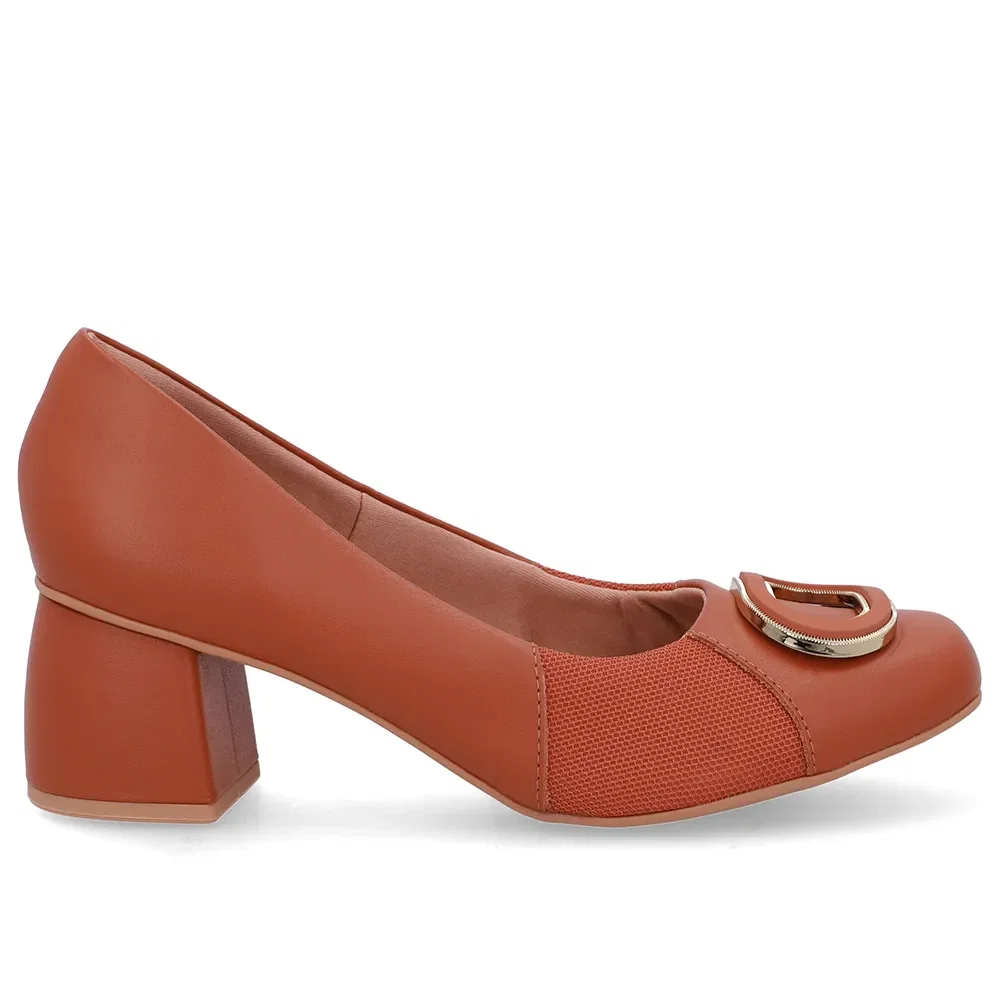 Scarpin Marrom Bico Quadrado Couro Lateral Tecido — imagem 1