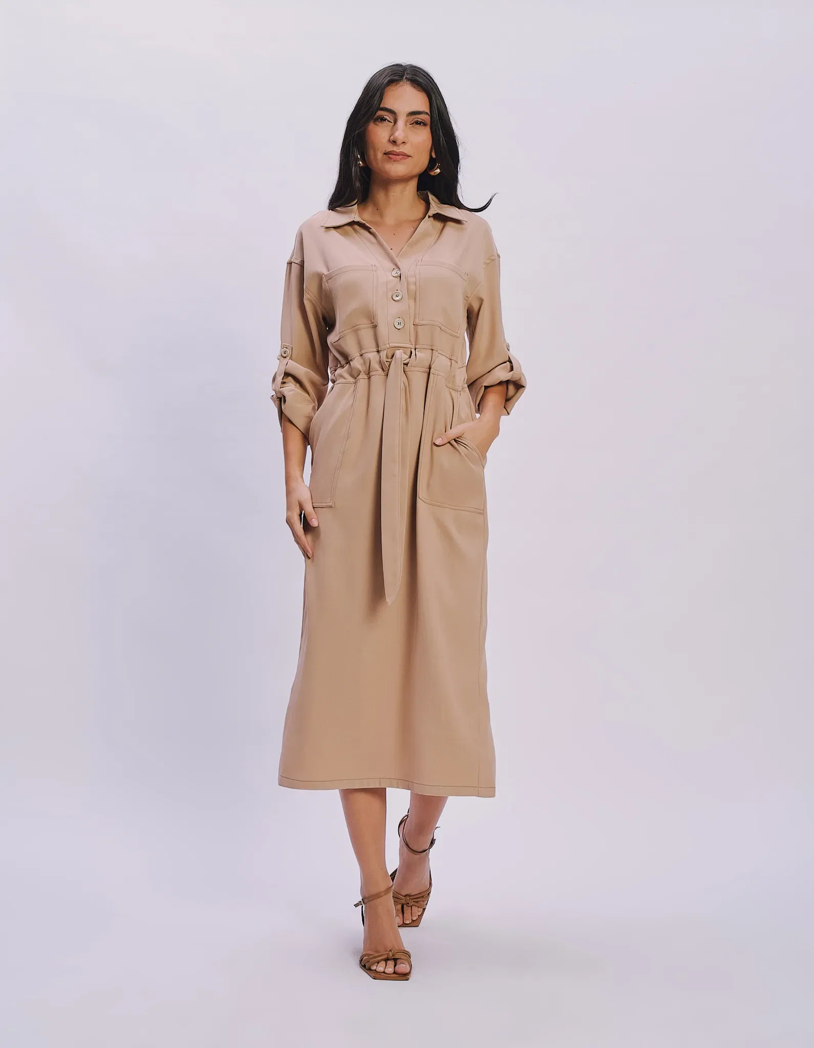 Vestido New Longo Pespontos Contrastante - Bege