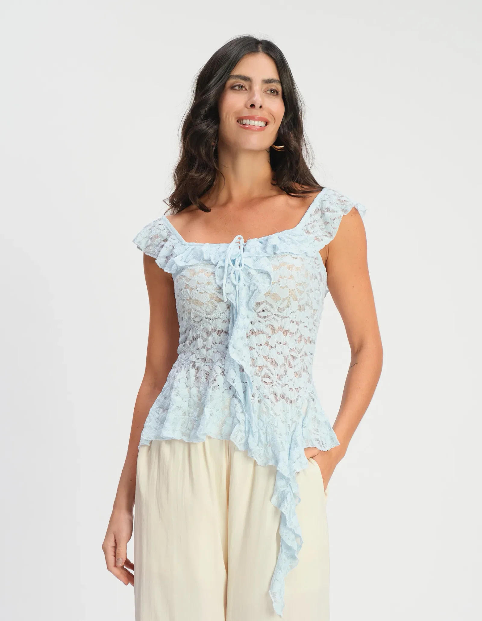 Blusa Renda Com Babados - Azul Claro — imagem 1