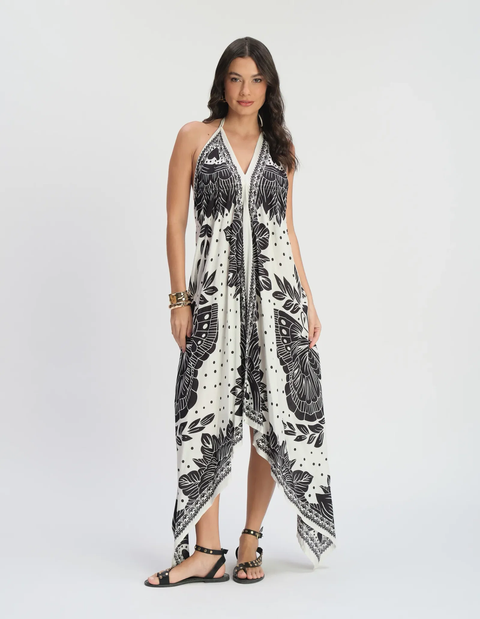 Vestido Estampado Boho Folhagem - Branco