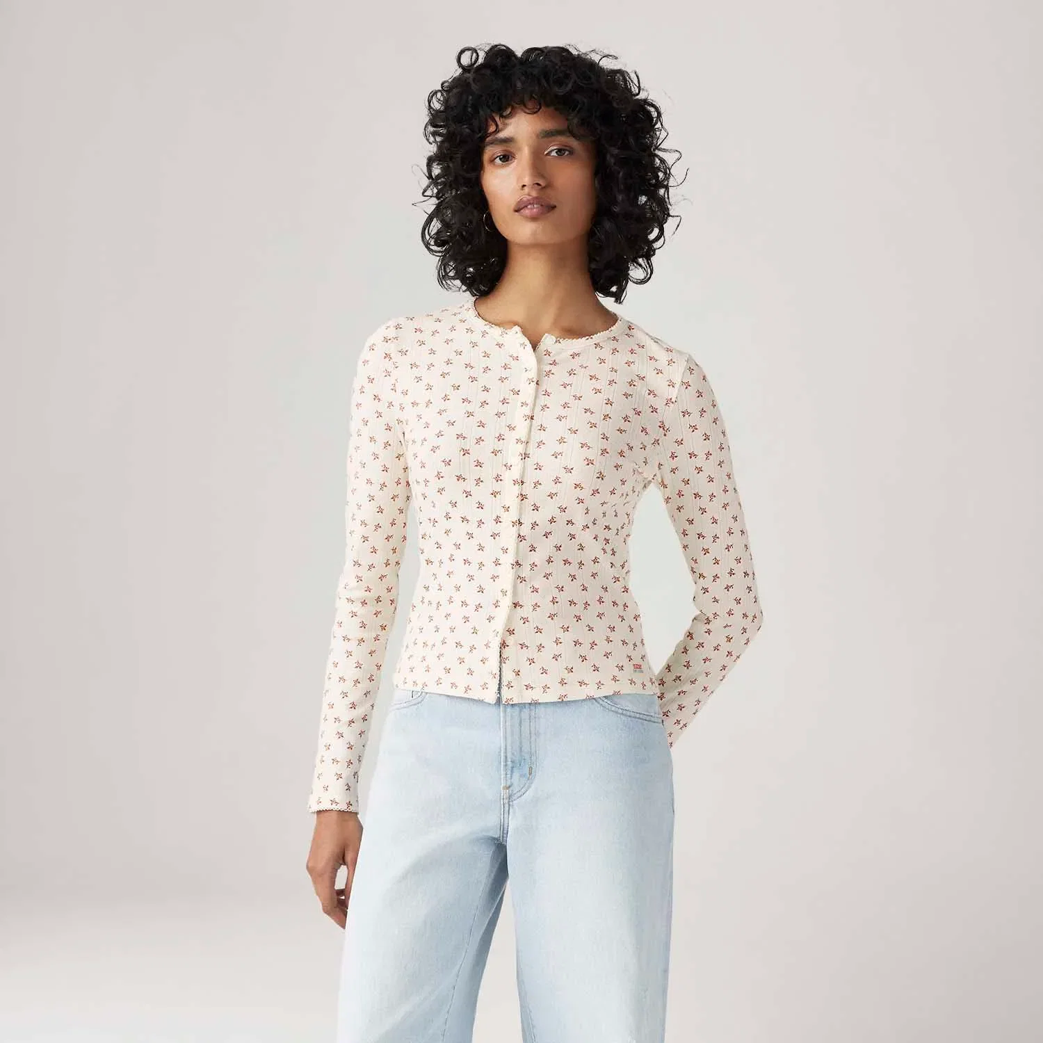Blusa Levi's® Goods Pointelle Off White Floral Manga Longa
