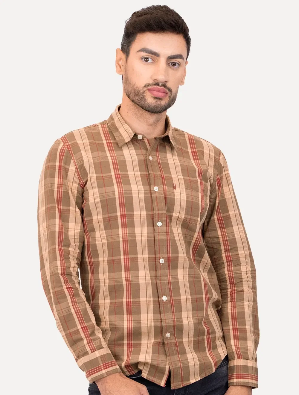 Camisa Levis Masculina Sunset One Pocket Rider Plaid Xadrez Vermelho / Marrom