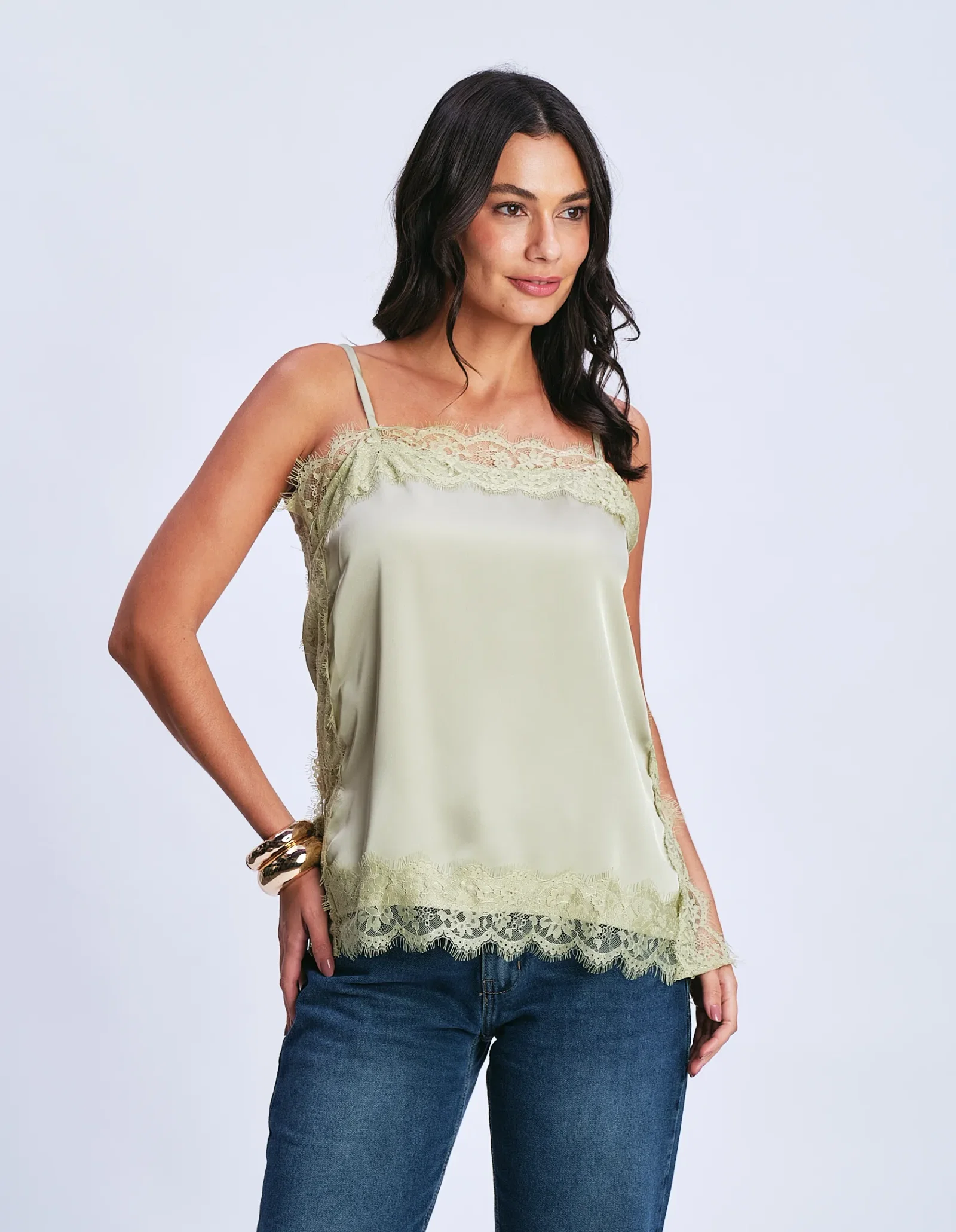 Blusa Alça Fina Detalhe Renda - Verde