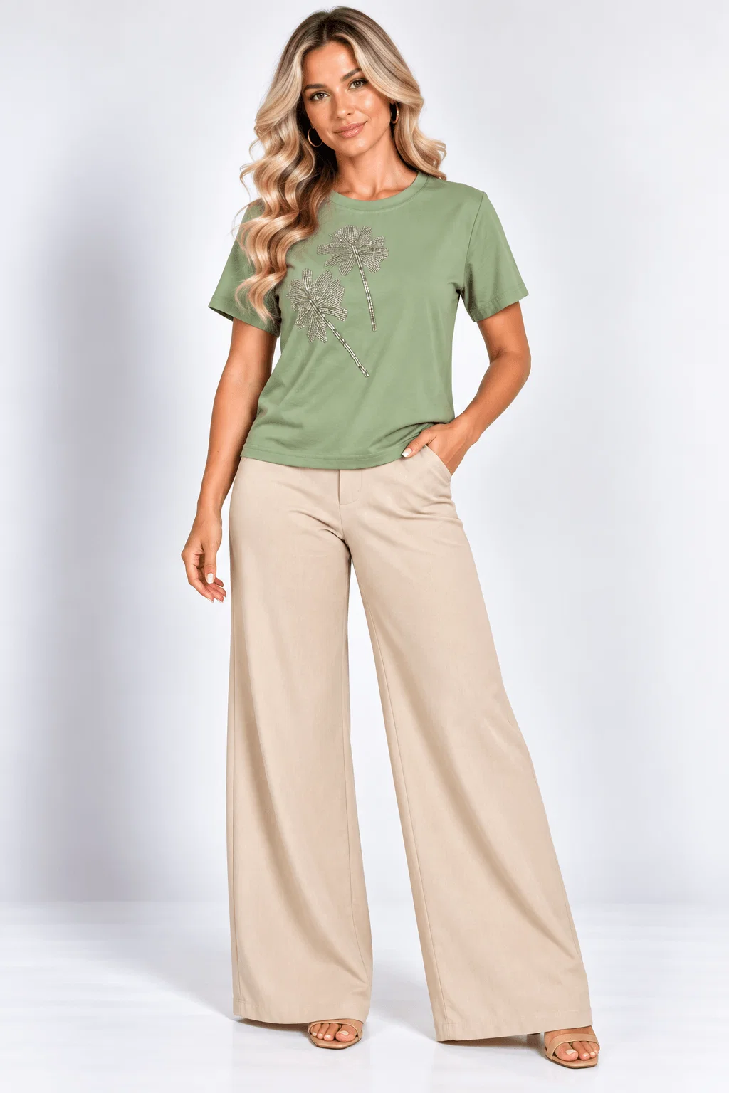 Blusa Manga Curta Bordado Margarida - Verde
