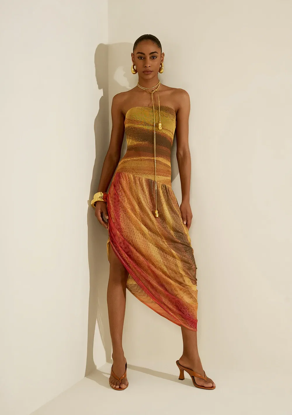 Vestido Morena Rosa Ajustado Decote Reto Sem Manga Longo Laranja / Amarelo