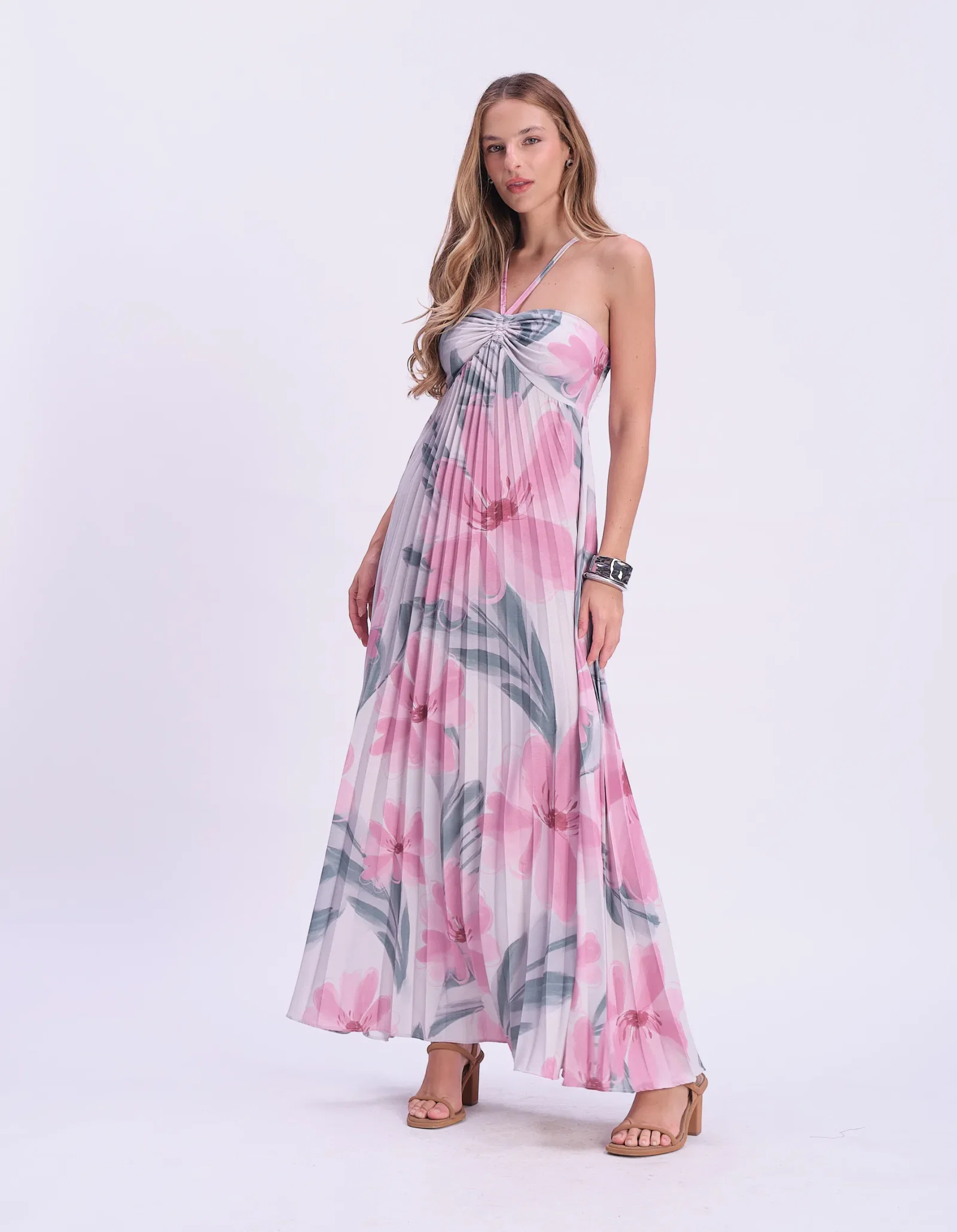 Vestido Plissado Estampado Jardim - Off White