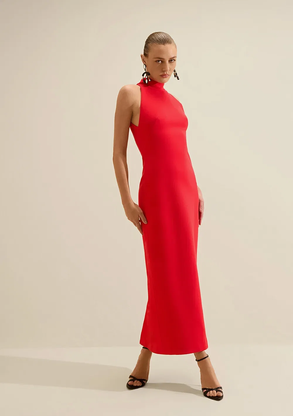 Vestido Midi Gola Alta Carmim Vermelho