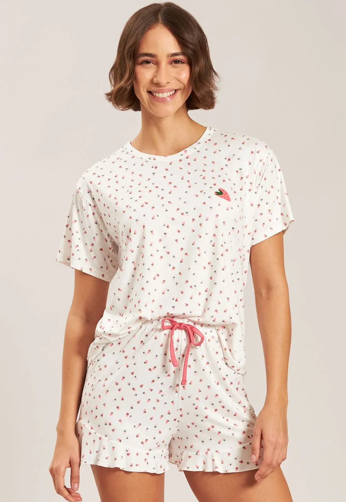 Pijama Curto de Viscose Stretch Digital Baunilha