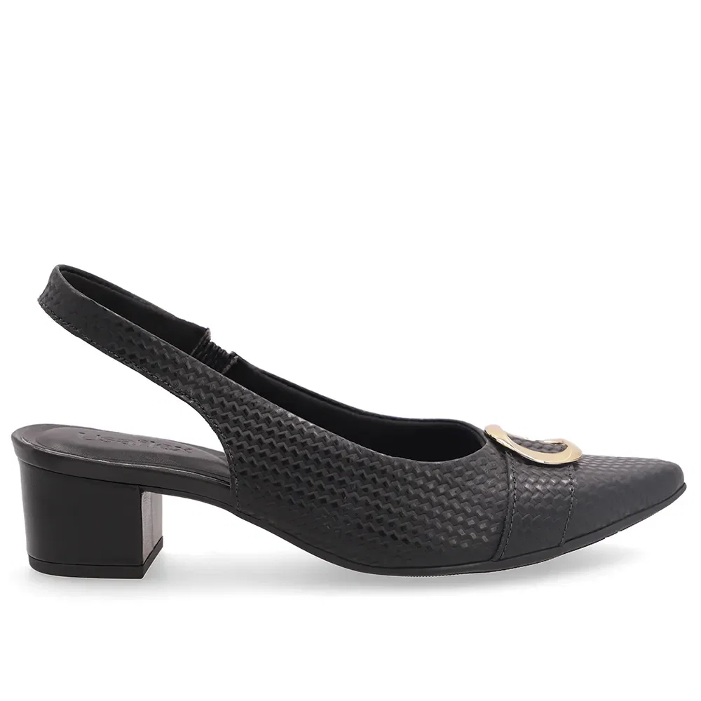 Slingback Couro Preto Salto Bloco Com Textura Tressê — imagem 1