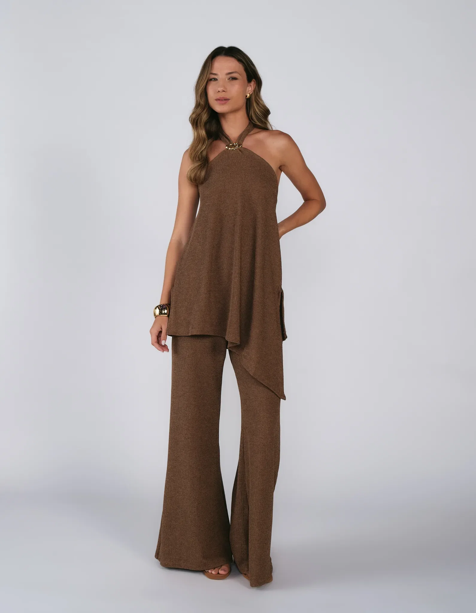 Calça Pantalona Malha Cós Elástico - Capuccino — imagem 1