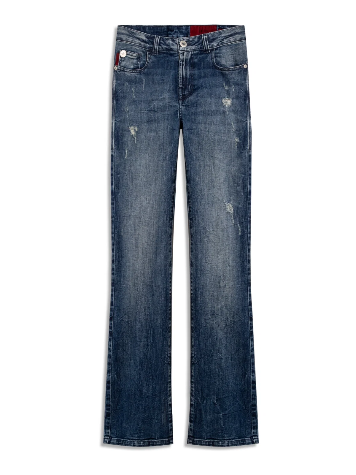 Calça Jeans Stretch Bootcut Claro Com Tie Dye e Puído