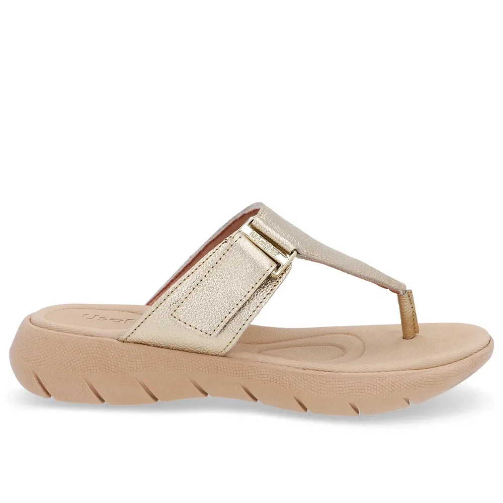 Chinelo Baixo Couro Ouro Ajuste Fecho-Flex