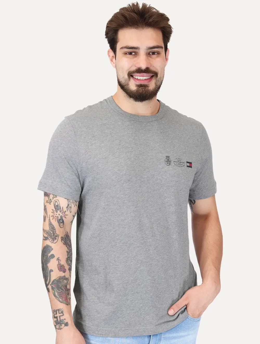 Camiseta Tommy Hilfiger Masculina Regular Small Crest Outline Cinza Mescla