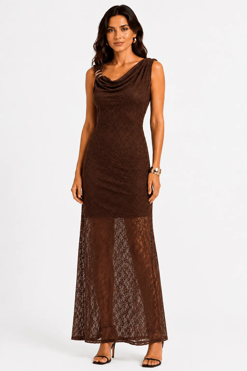 Vestido Longo Renda Detalhe Ombro - Cafe — imagem 1