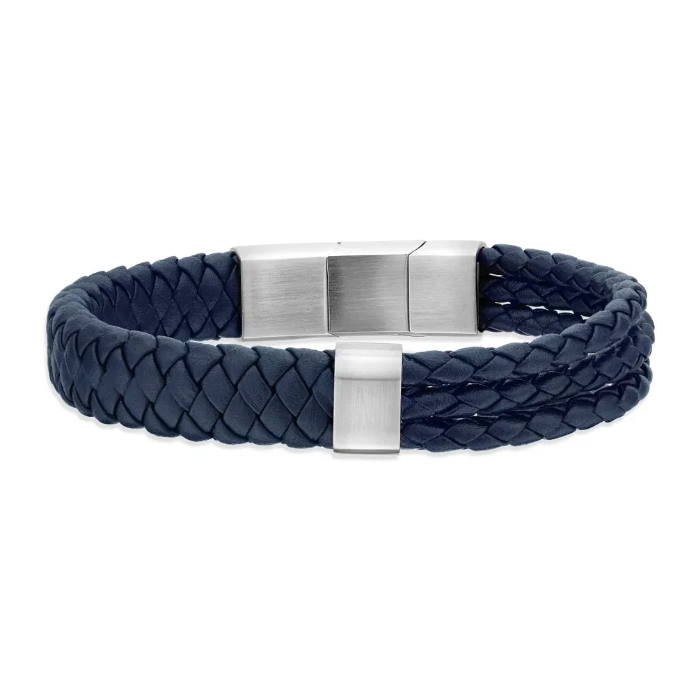 Pulseira Life em Couro Azul com Aço