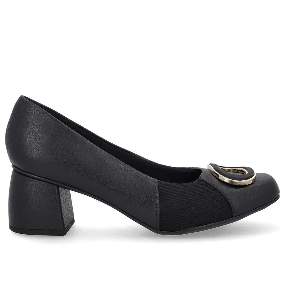 Scarpin Preto Bico Quadrado Couro Lateral Tecido — imagem 1