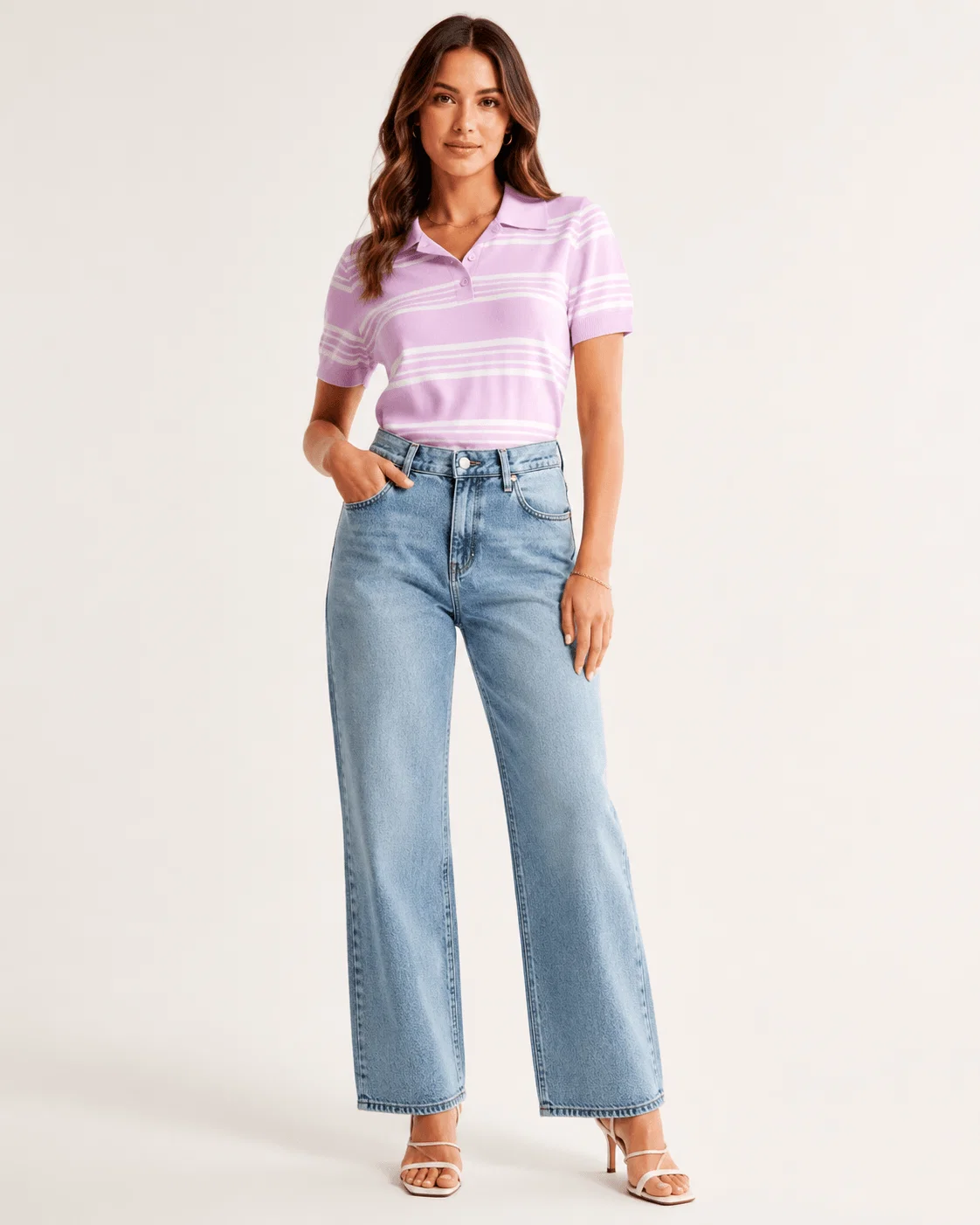 Blusa Tricot Gola Polo Listrada - Rosa — imagem 1