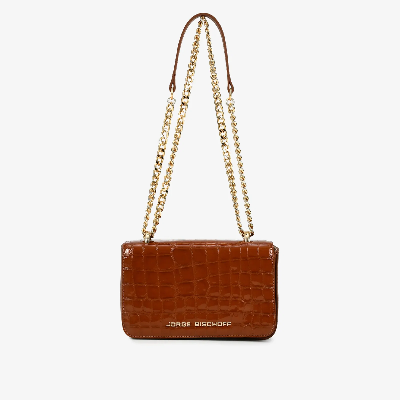 Bolsa Transversal Marrom Tabaco Dourado Couro Croco