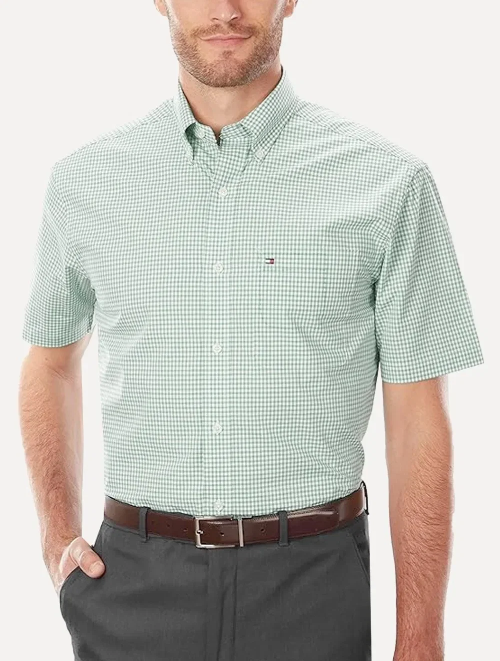 Camisa Tommy Hilfiger Masculina Manga Curta Xadrez Gingham Branca / Verde Claro — imagem 1