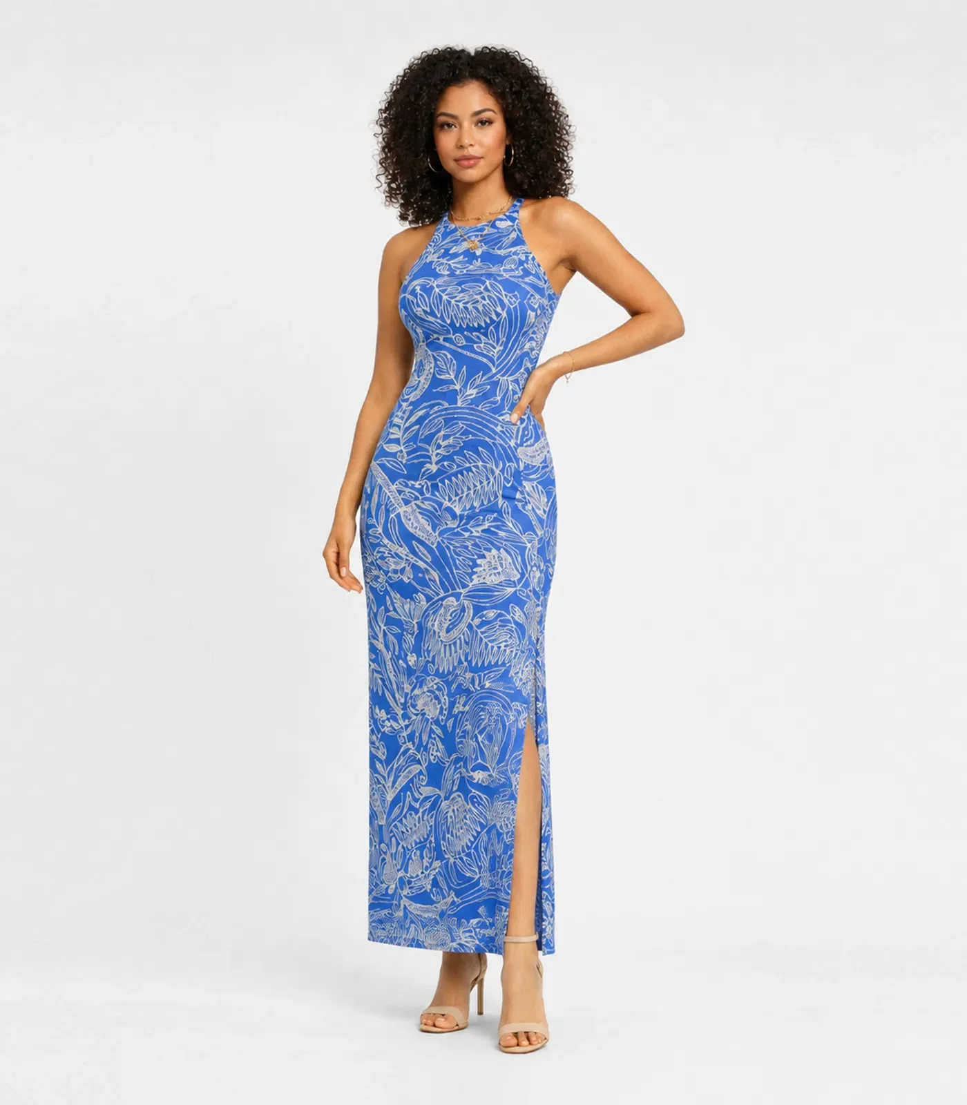 Vestido Longo Estampado Sem Manga Infinita Cor Azul