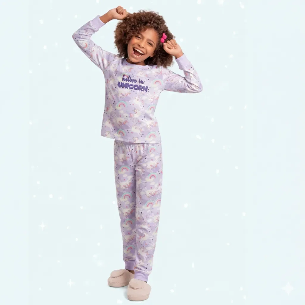 Conjunto pijama blusa manga longa e calça Unicornio
