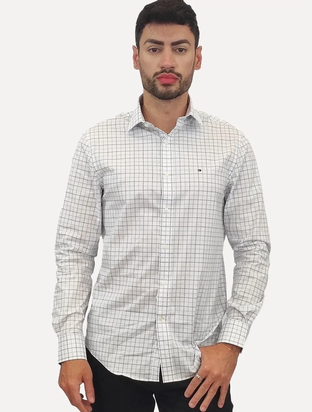 Camisa Tommy Hilfiger Masculina Xadrez Essentials Azul Branca — imagem 1