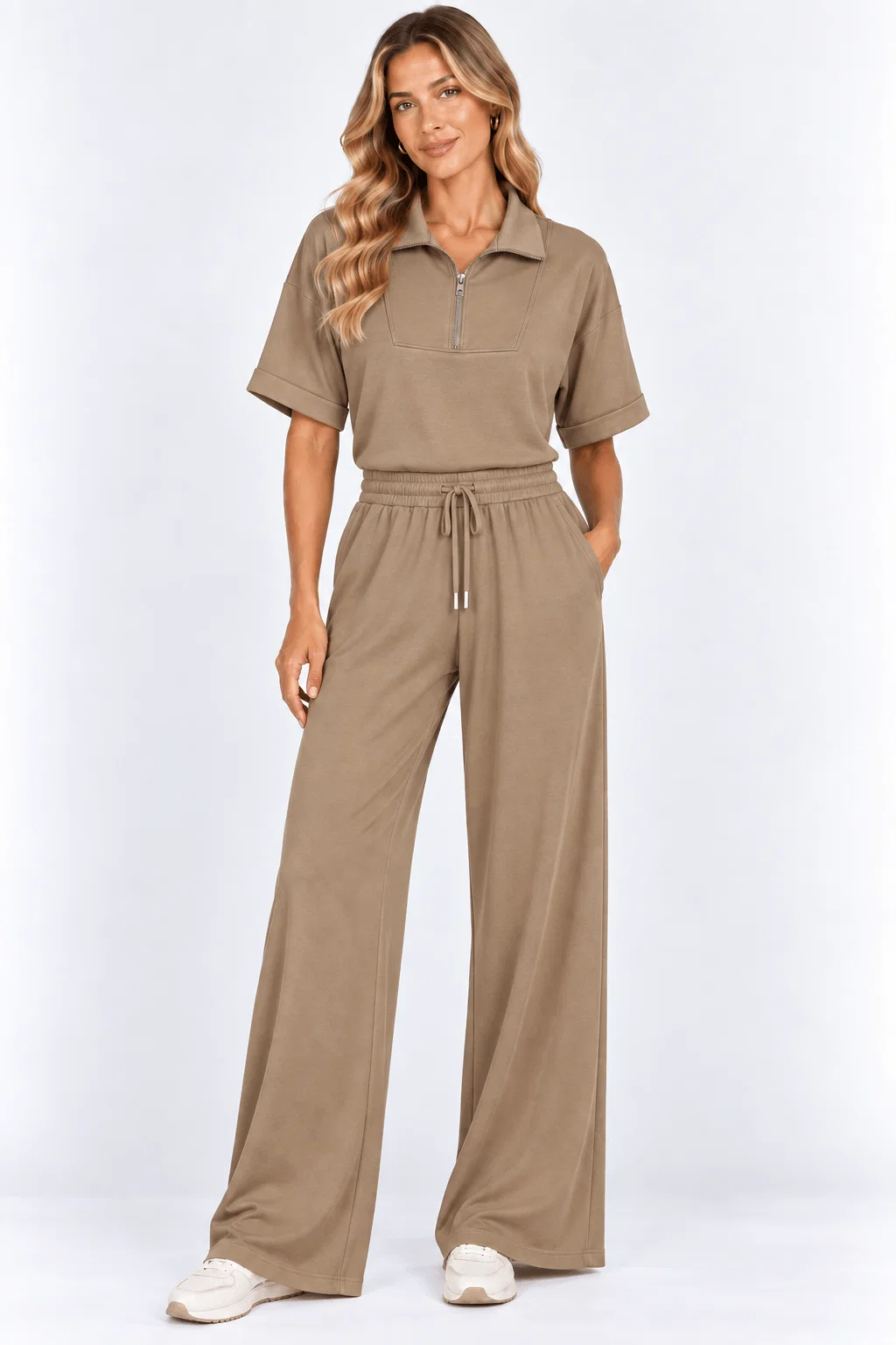 Calça Pantalona Cós Amarração - Bege — imagem 1