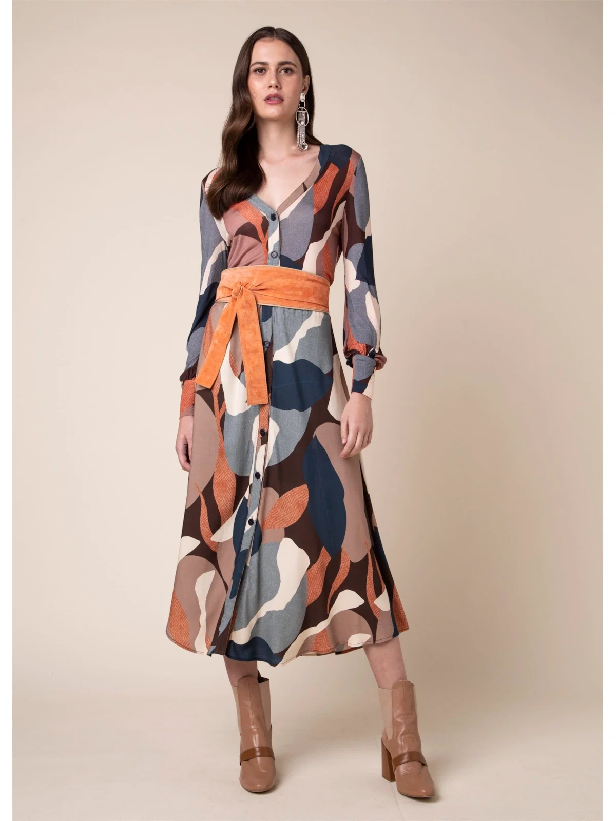 Vestido Midi Leaves Est. Leaves Marrom