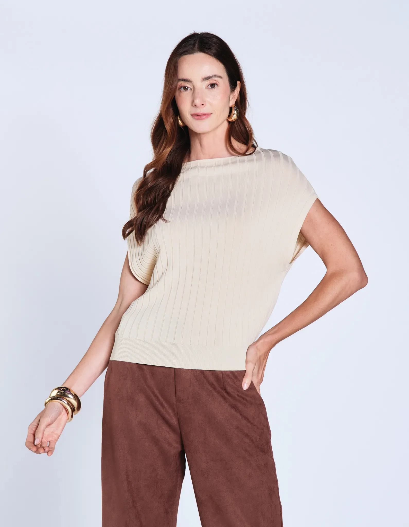 Blusa Sem Manga Tricot Barra Canelada - Creme — imagem 1