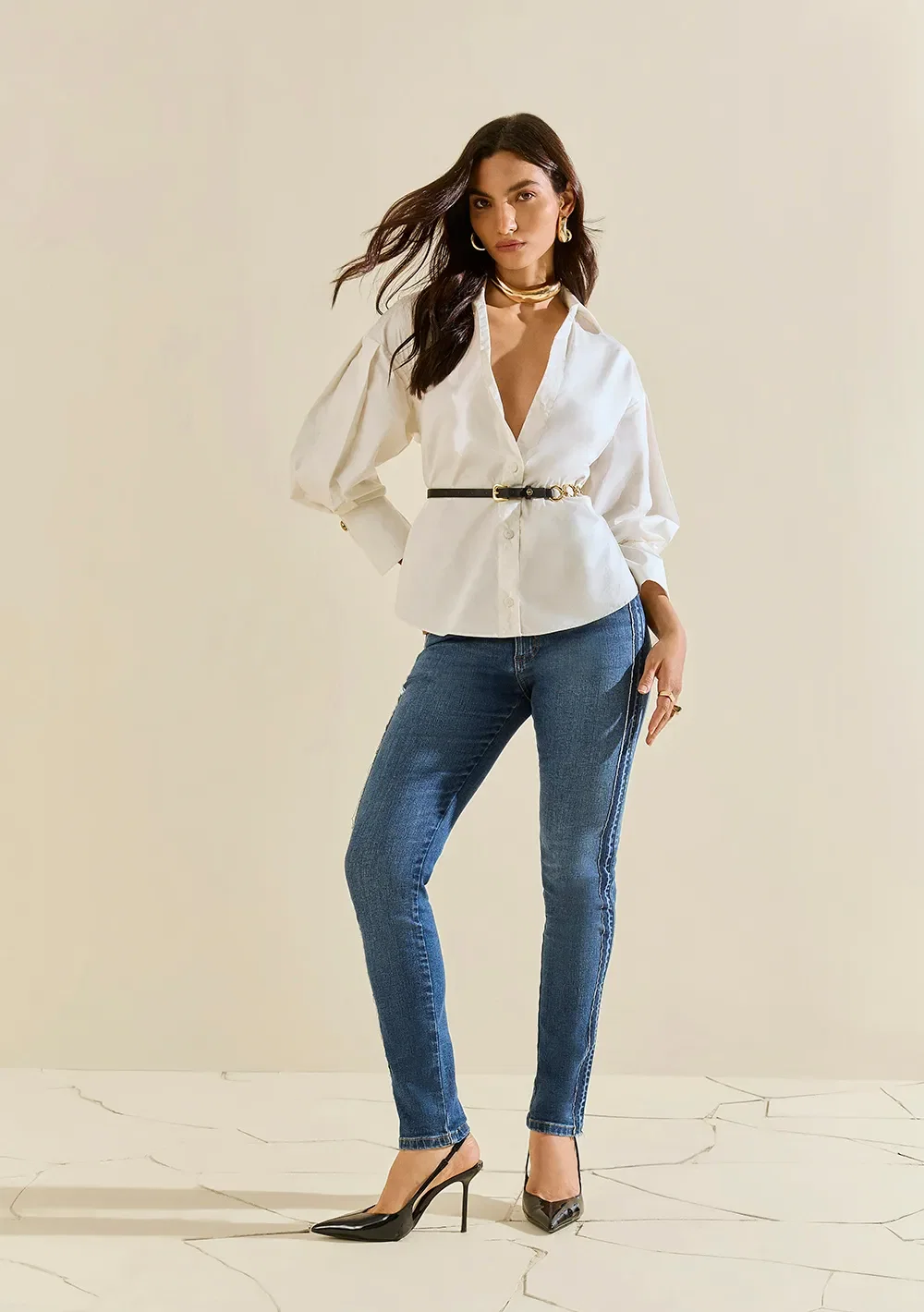 Calça Morena Rosa Skinny Alta Azul — imagem 1