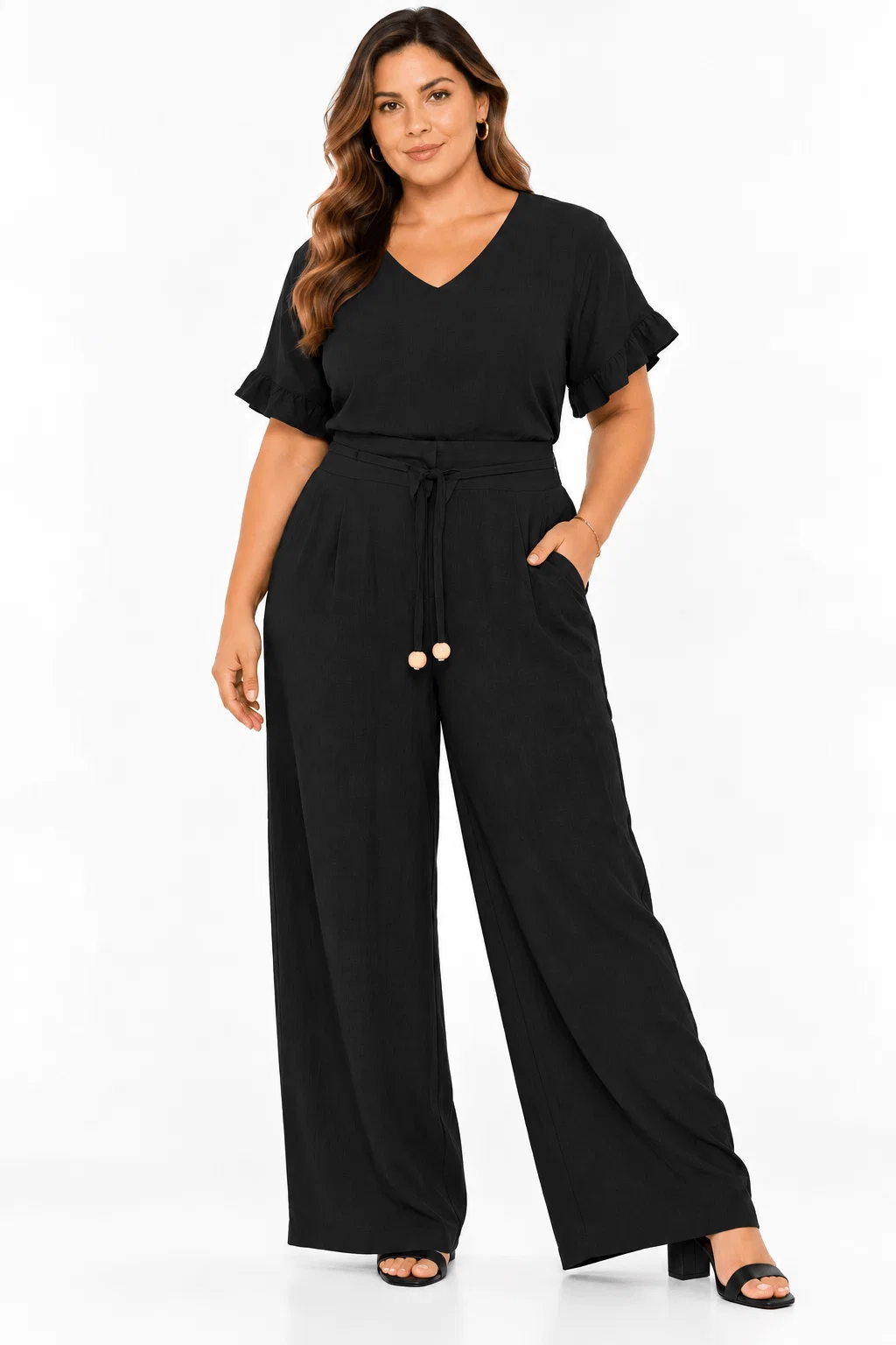 Calça Pantalona Detalhe Cós Corda - Preto — imagem 1