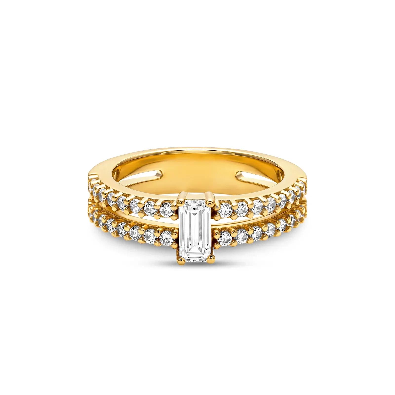 Anel Life Solitário Duplo em Prata 925 com Banho de Ouro Amarelo 18k Zircônia Incolor