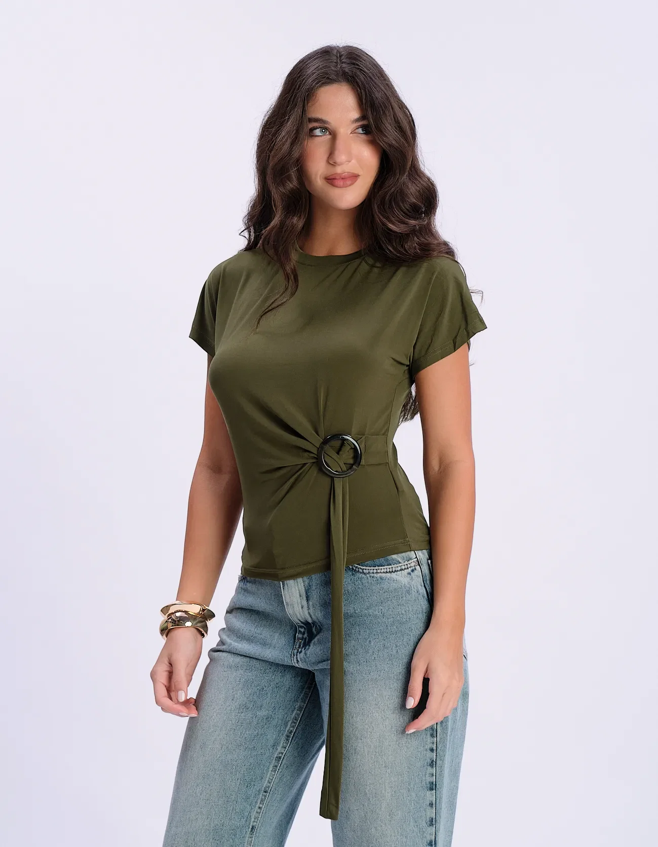 Blusa Manga Curta Detalhe Faixa e Fivela - Verde — imagem 1