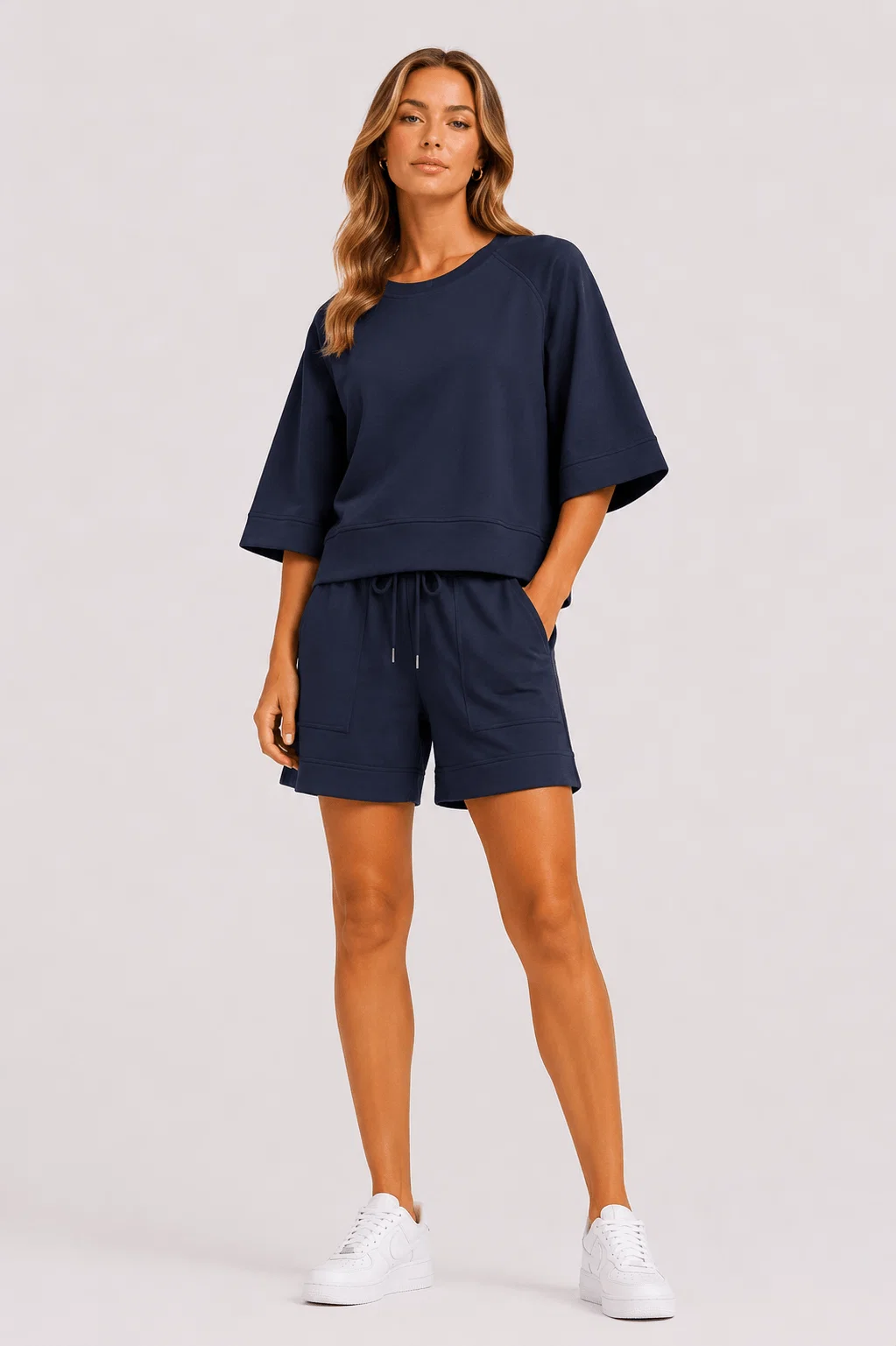 Blusa Manga Curta Barra Recortes - Azul Marinho — imagem 1
