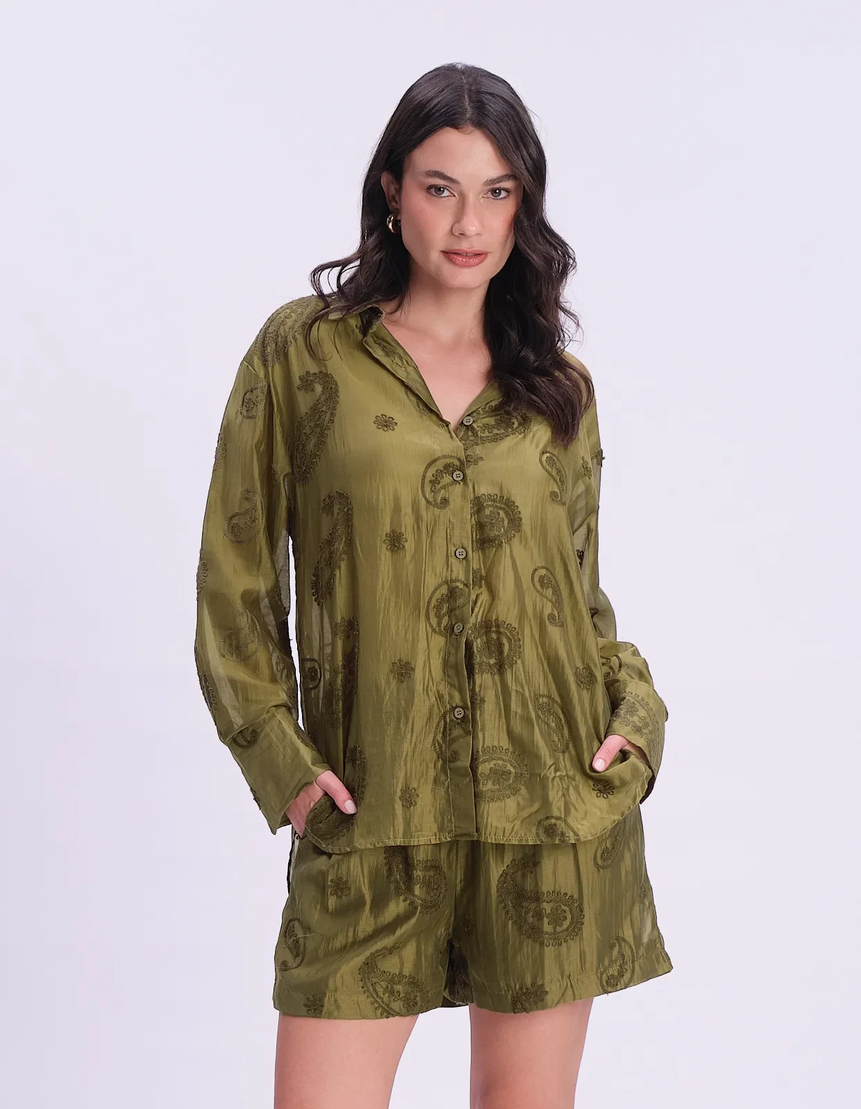 Camisa Manga Longa Liocel Paisley - Verde — imagem 1