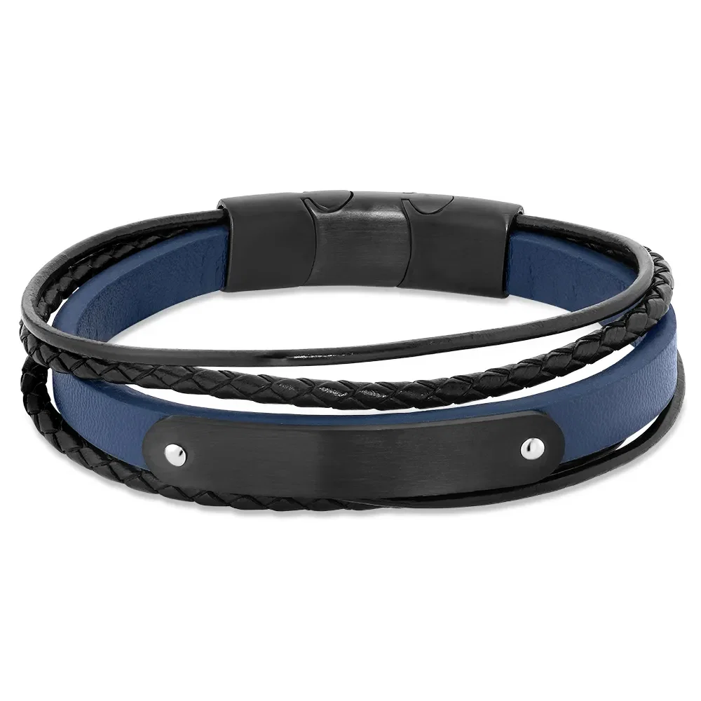 Pulseira Life Placa em Couro Azul com Aço