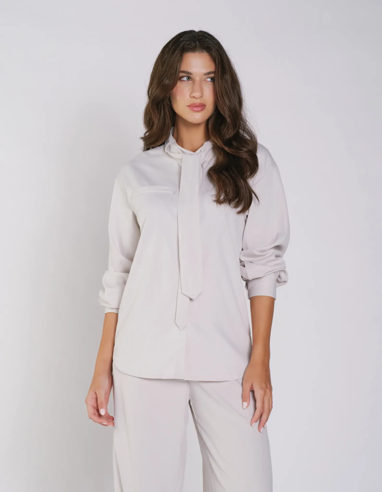 Camisa Manga Longa Detalhe Gravata - Off White