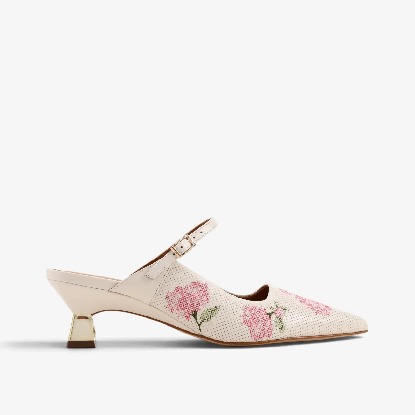 Mule Flor Off White Algodão Couro