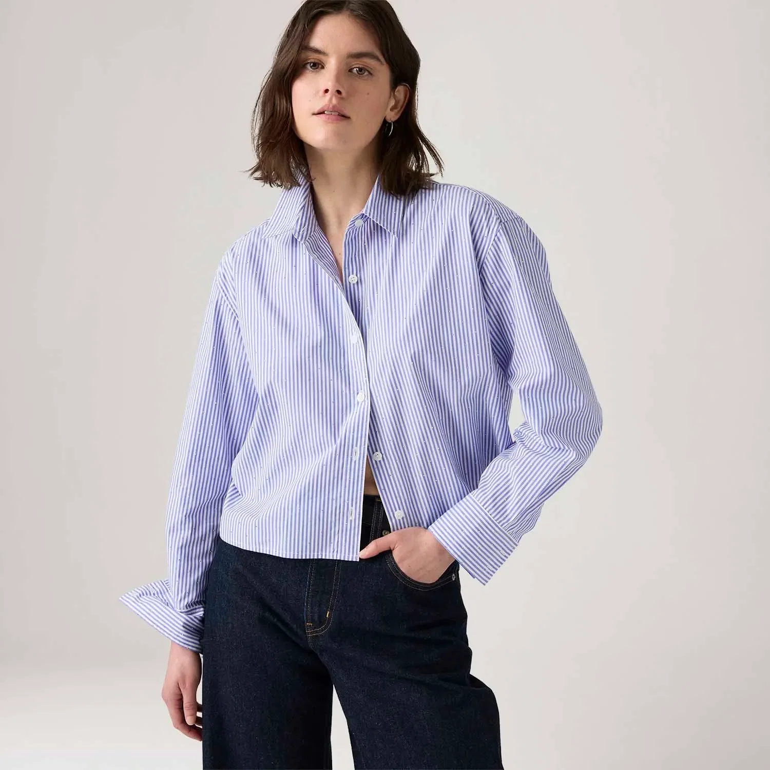 Camisa Levi's® Cropped Harlie Listrada Azul Manga Longa — imagem 1