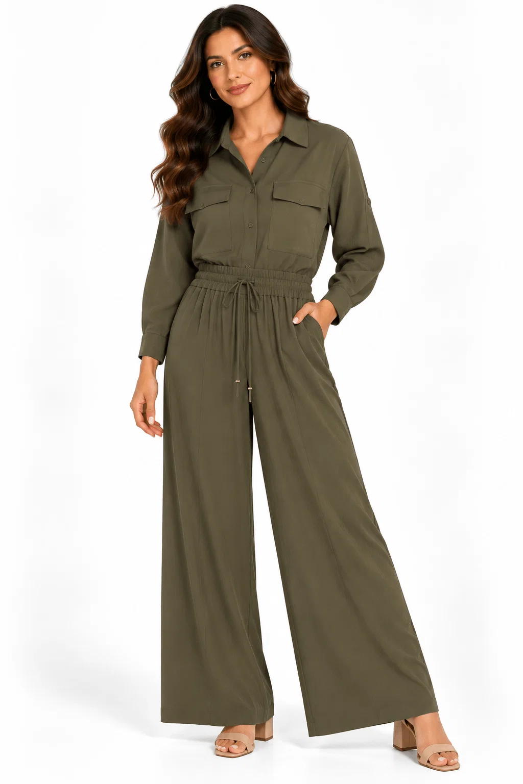 Calça Pantalona Bolsos Laterais - Verde Oliva — imagem 1