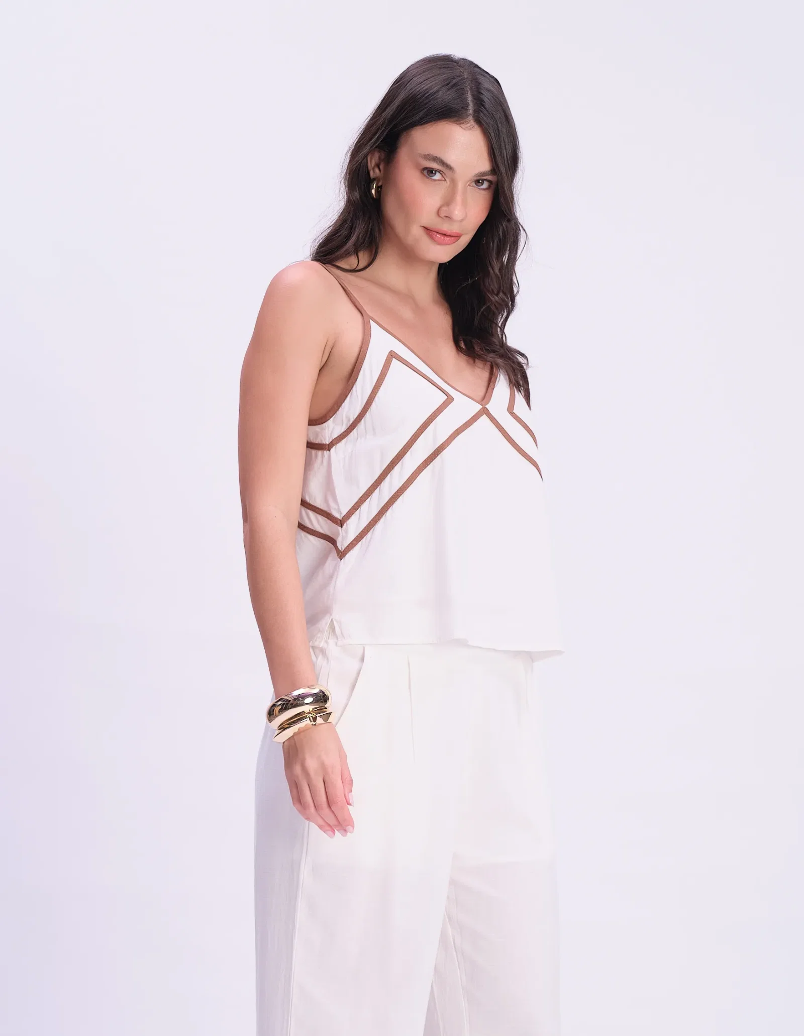 Blusa Alça Fina Detalhe Bicolor - Off White Com Marrom