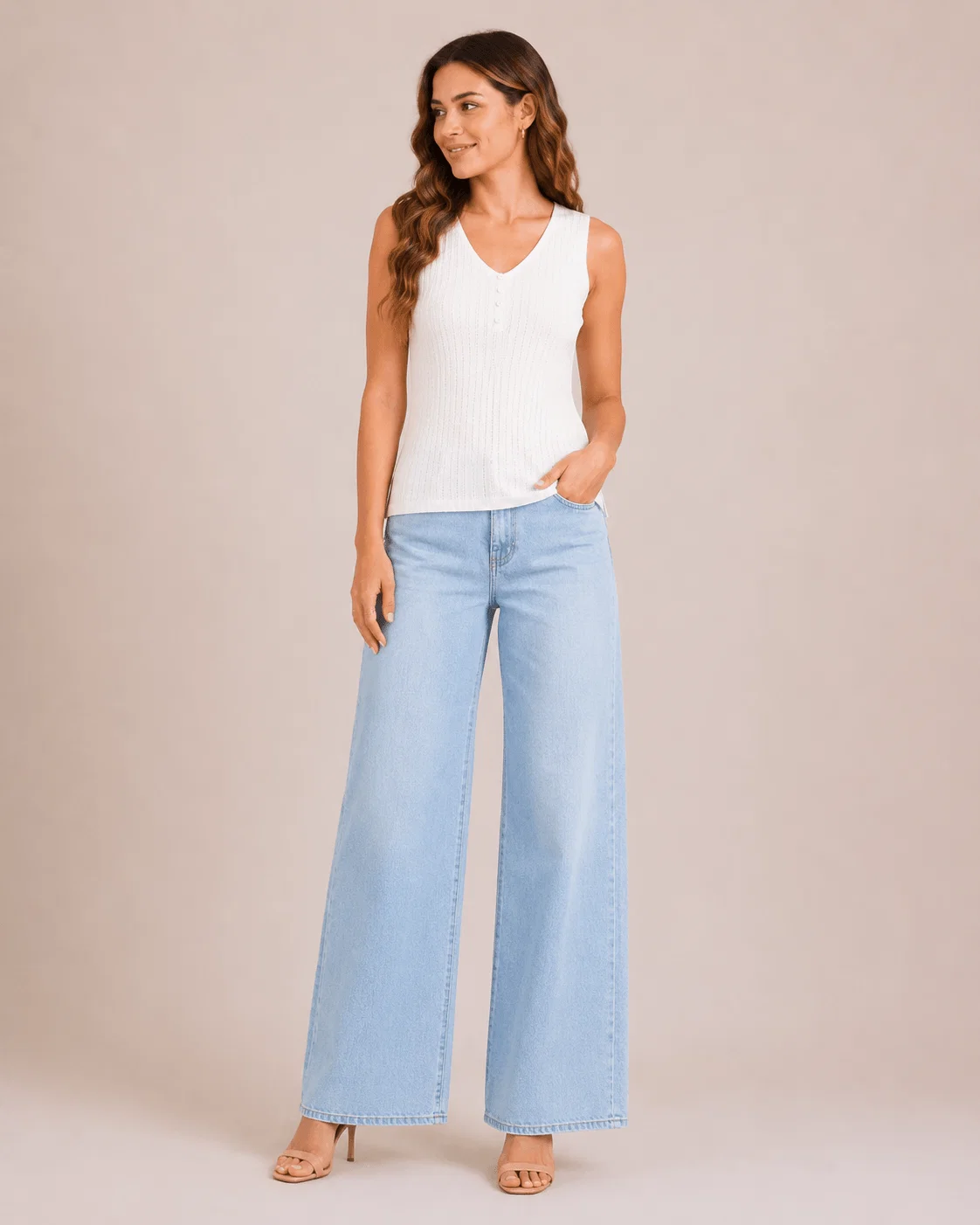 Regata Tricot Canelada Botões Decote - Off White — imagem 1