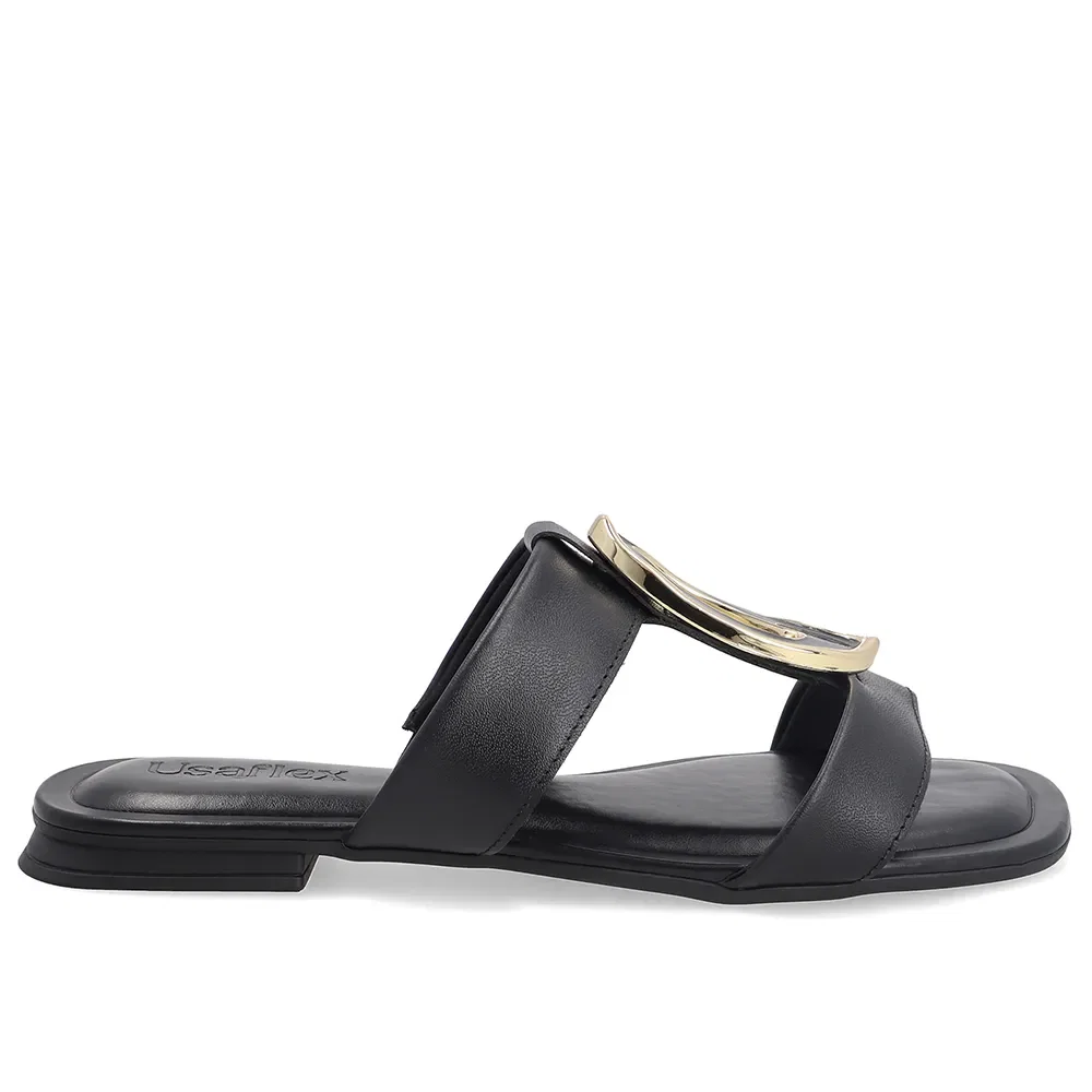 Rasteira Bico Quadrado Em Couro Preto Com Enfeite — imagem 1