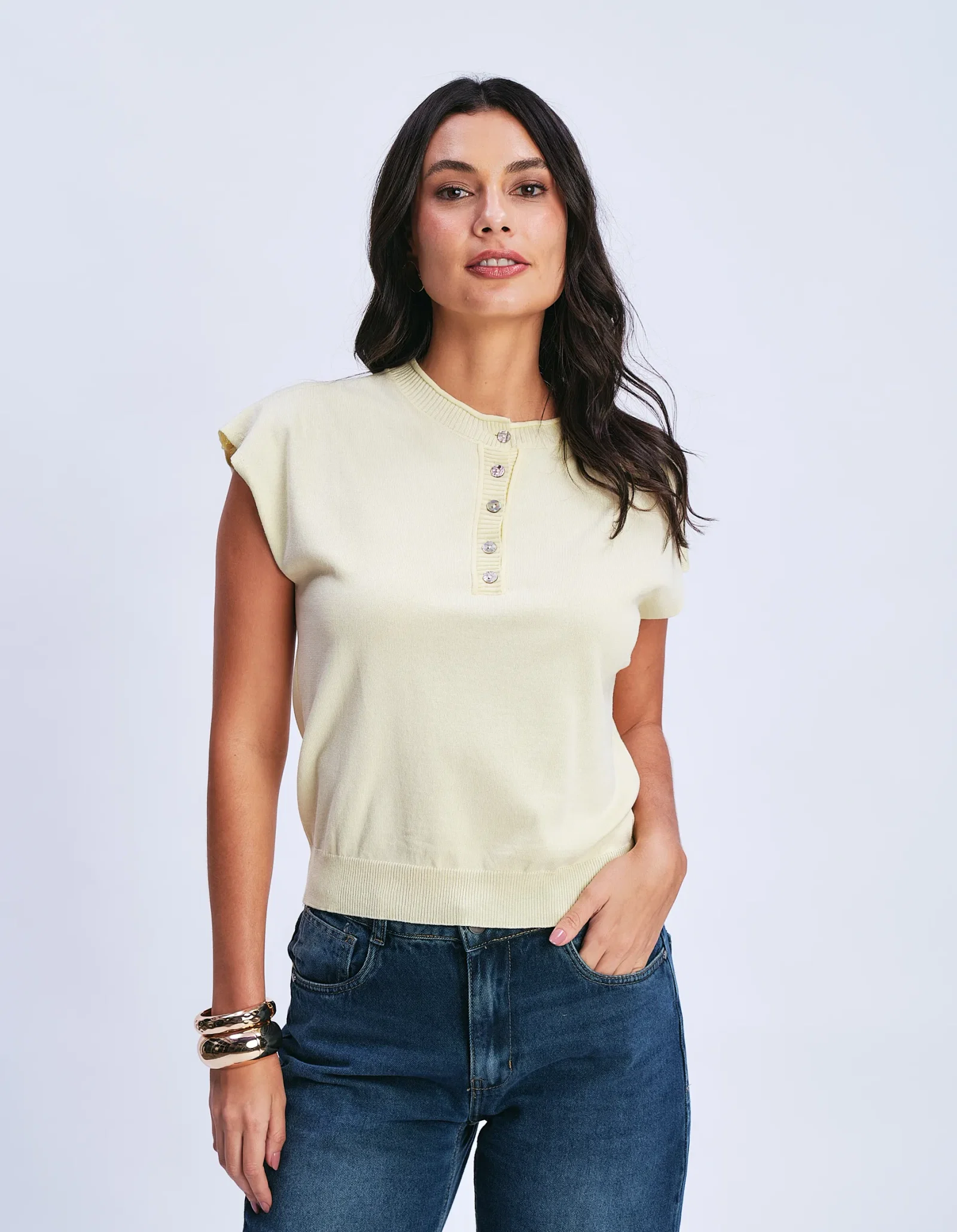 Blusa Tricot Gola Sobreposta - Amarelo — imagem 1
